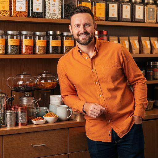 Egy vidám teáscsésze, ami a mandarin héj tea élvezetét sugallja, körülötte citrusfélék.